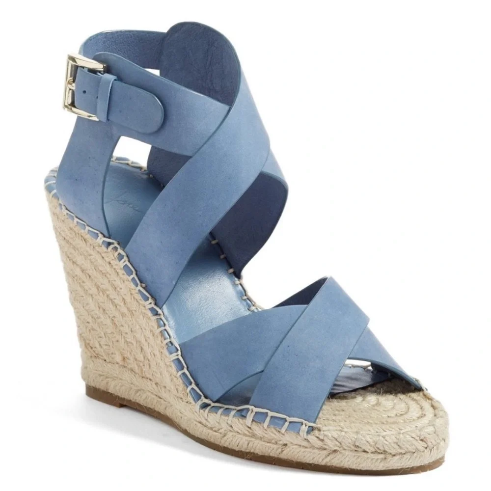 Joie Kaelyn Blue Espadrille Wedge Sandals Leather Size 38.5